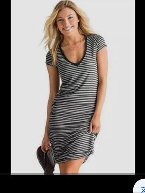 Athleta Charcoal and Grey Striped V-Neck Mini Dress